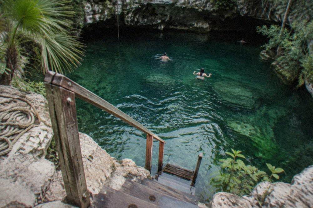 Shallow wooden entry platform and steps leading down into a clear freshwater cenote