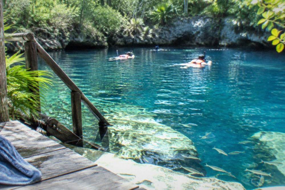 Snorkelers floating in bright blue water above fish and submerged rock formations at a cenote surface opening