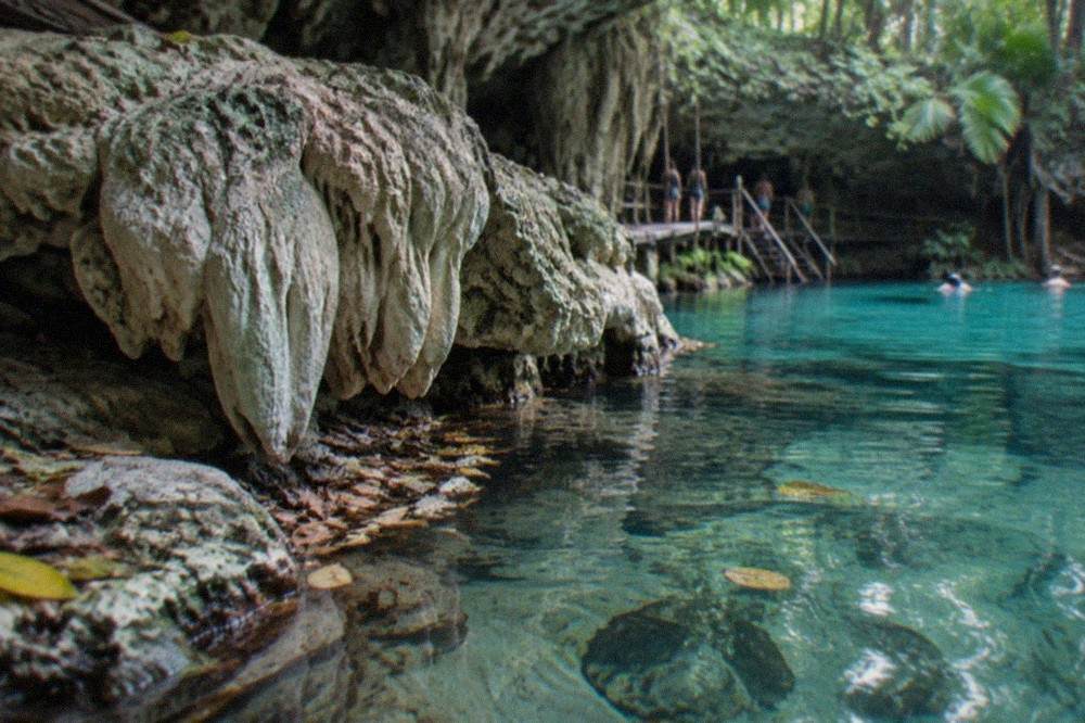 Limestone rock formations and stalactites above shallow turquoise water in a semi-open cenote