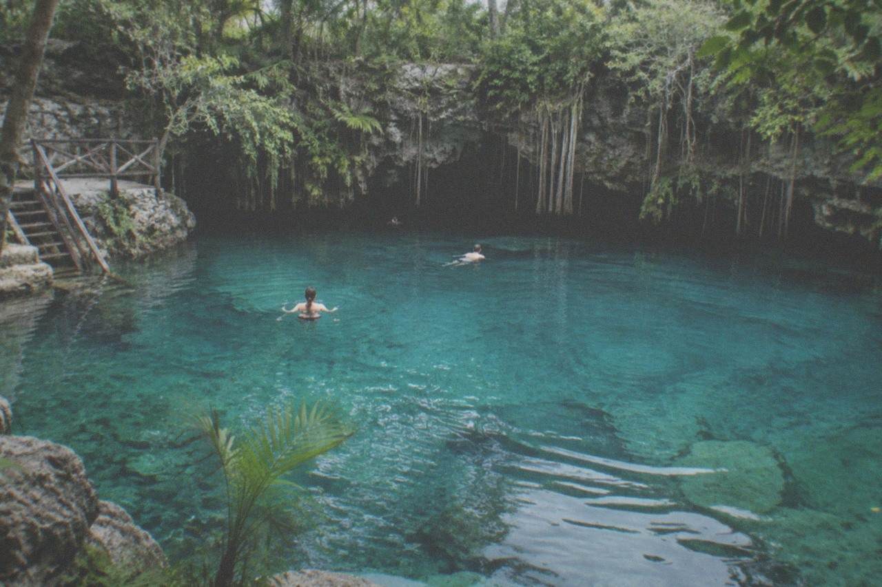 Clear turquoise water filling a limestone cenote opening ringed by jungle foliage and hanging roots