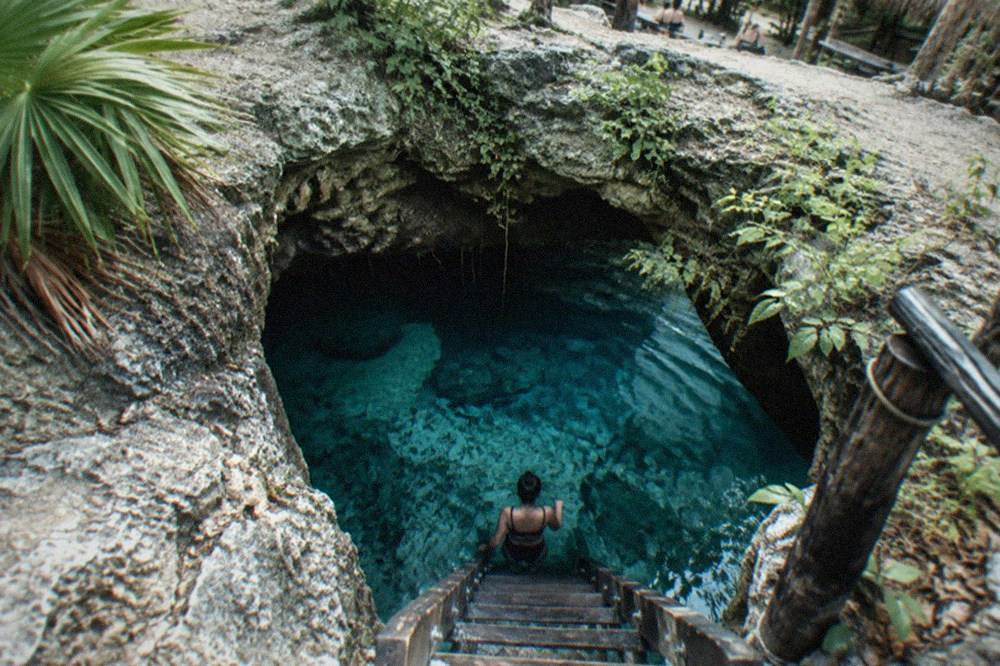 A round opening in the jungle floor with pale blue water visible below and wooden steps leading down