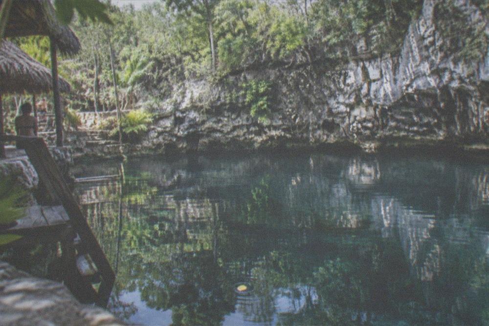 A quiet open cenote pool at midmorning with still water and jungle reflections
