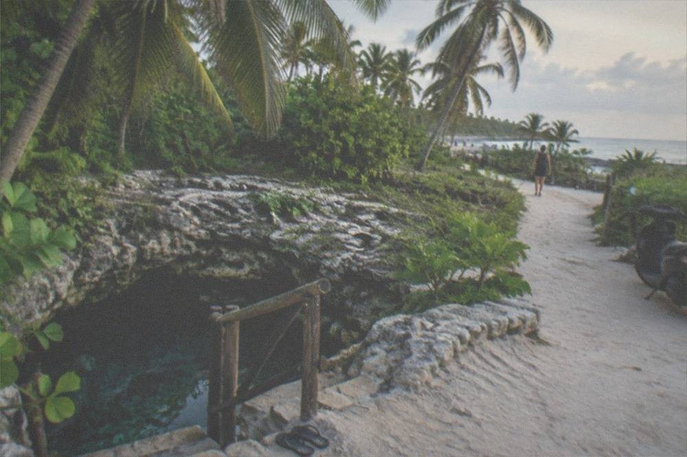Bicycles parked on a sandy path beside a jungle cenote entrance