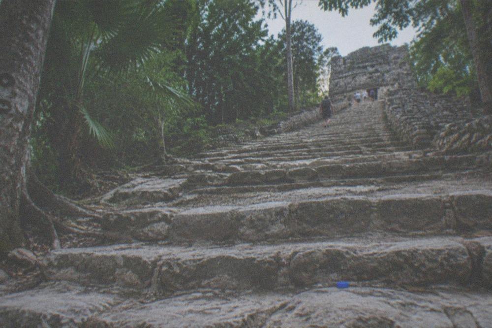 Ancient stone ruins steps overlooking dense green jungle canopy